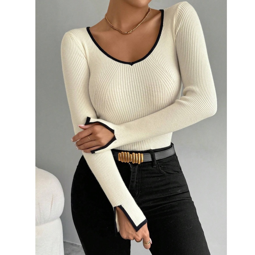 Beige Rib Knit Light Sweater Top Contrast Trim Fitted Slim Long Sleeve - Picture 2 of 7
